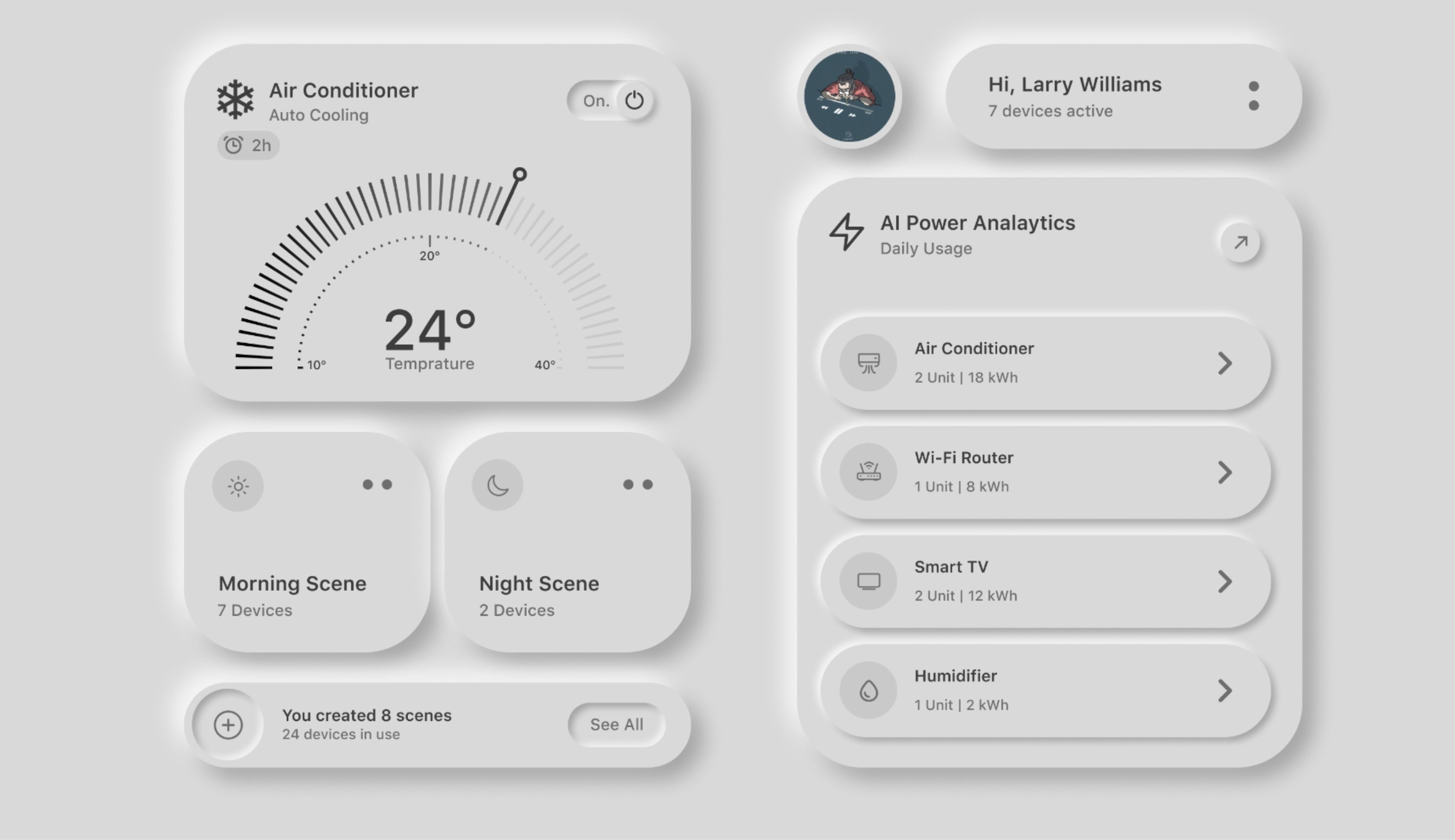Interface leve e cinza, com sombras suaves